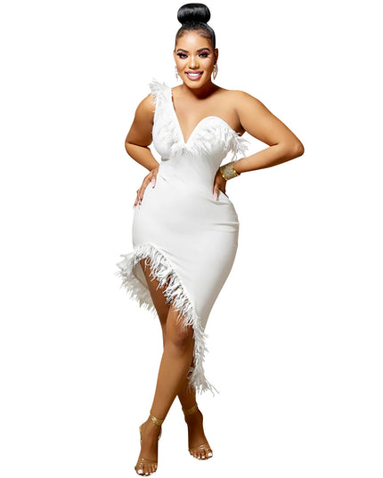 V-neck Sleeveless Chest Feather Irregular Midi Dress