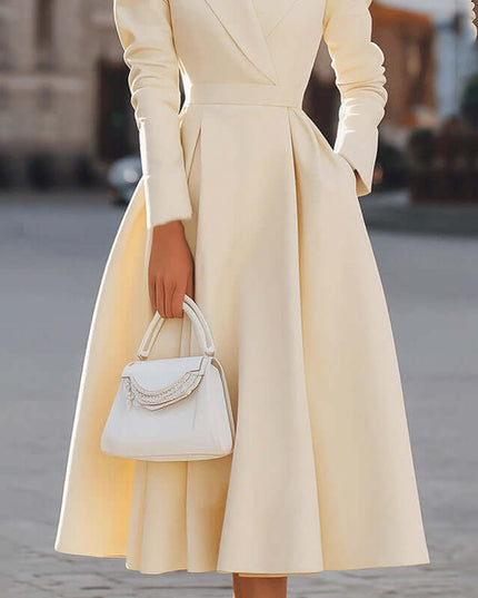 Women's V-Neck Long Sleeve Midi Dress With Pockets - Elegant Swing A-Line Party Dress For Wedding Guest