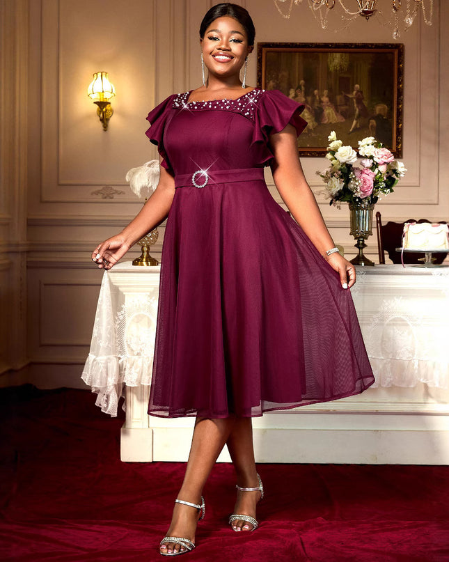 Summer Mesh Butterfly Sleeve Ruffles Party Wedding Guest Elegant Dress