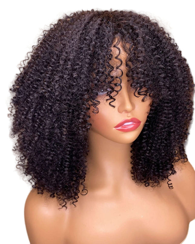 Mannequin head with a curly black wig on a beige background