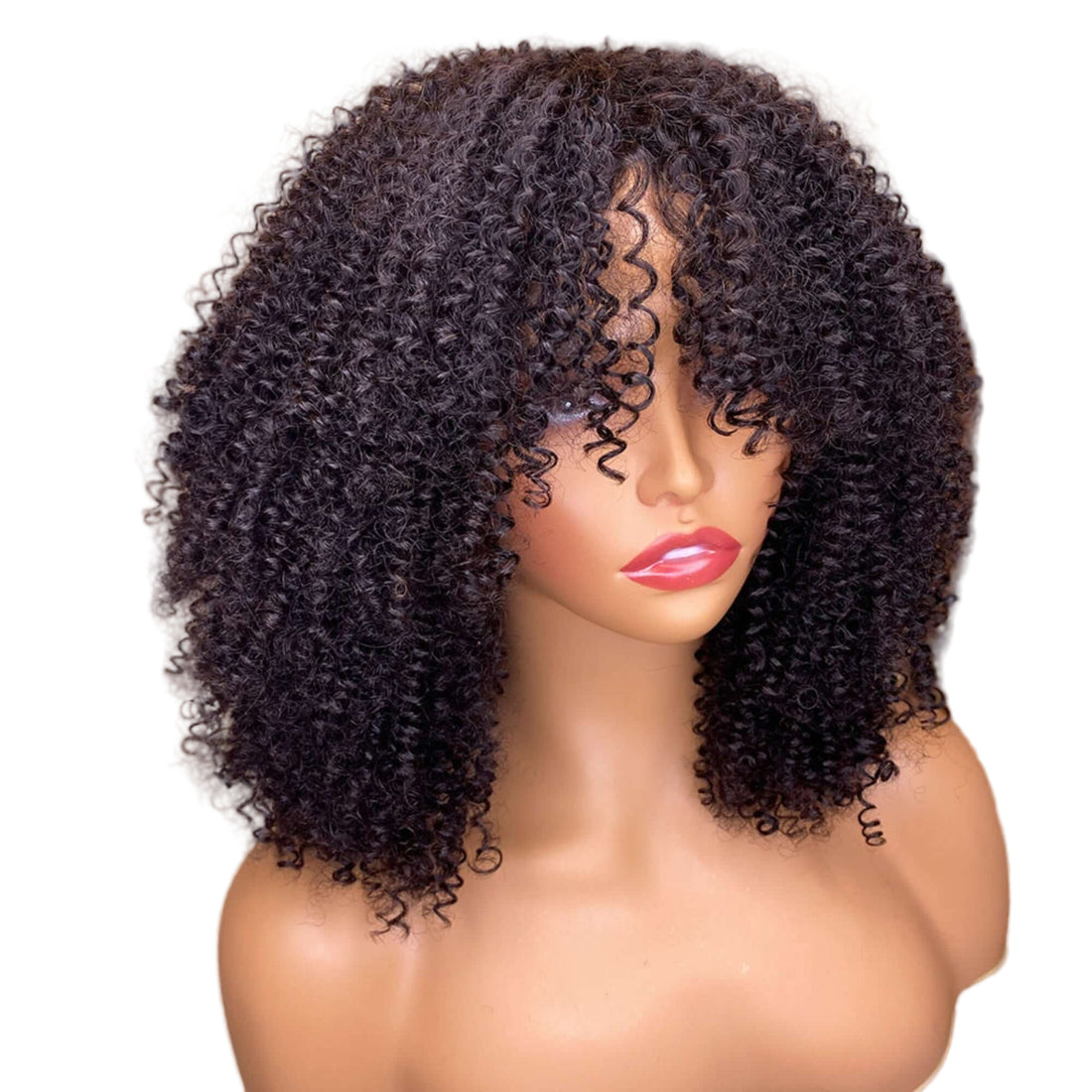 Mannequin head with a curly black wig on a beige background