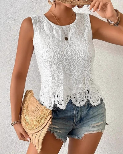 Womens Floral Lace Tank Top Sleeveless Blouse Crew Neck Hollow Out Summer Casual Shirt