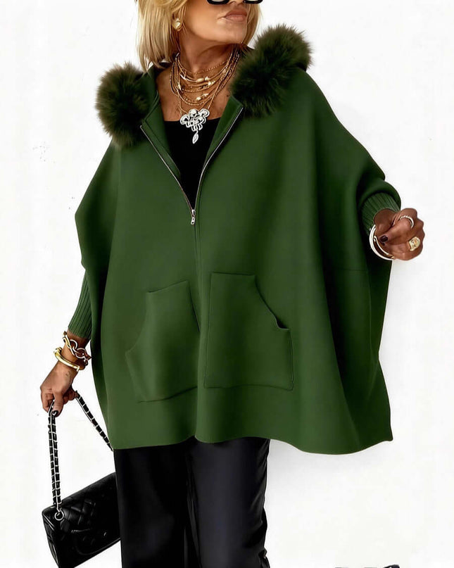 Ins Plush Hooded Cardigan Fashion Warm Pockets Zip-up Knitted Jacket Casual Outerwear Batwing Sleeve Sweater Women's Clothing