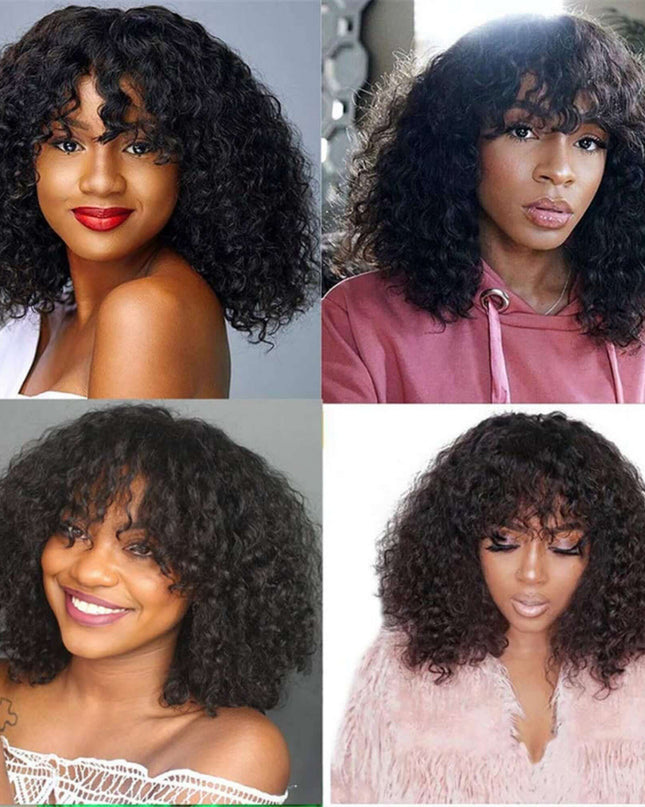 Four images of a woman with curly hair in different styles.