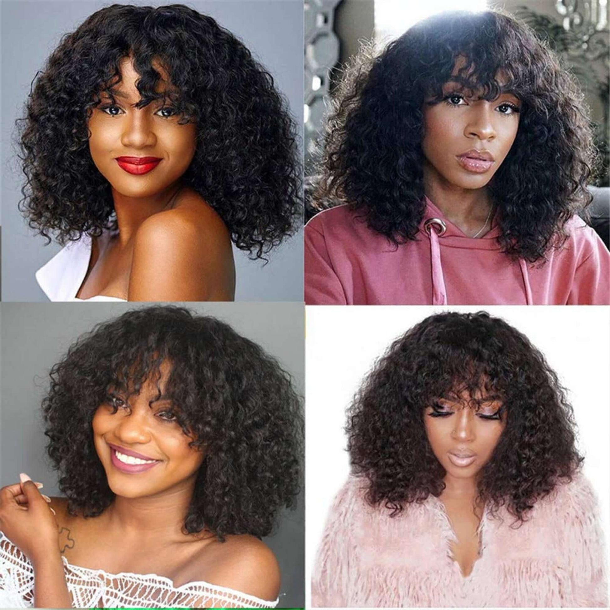Four images of a woman with curly hair in different styles.