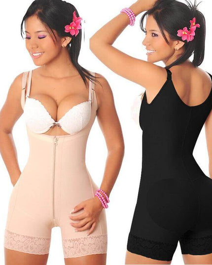Full body shaper bodysuit in nude and black colors, designed for waist and tummy shaping, suitable for all-day wear.