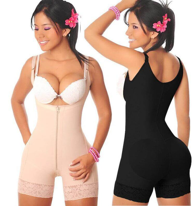 Full body shaper bodysuit in nude and black colors, designed for waist and tummy shaping, suitable for all-day wear.