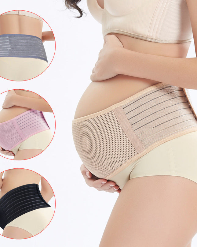 Pregnant woman wearing a beige maternity support belt with inset images of other color options.