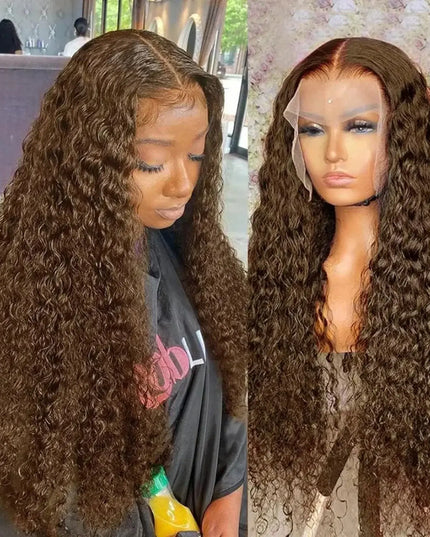Person with long curly hair and a wig on a mannequin head.