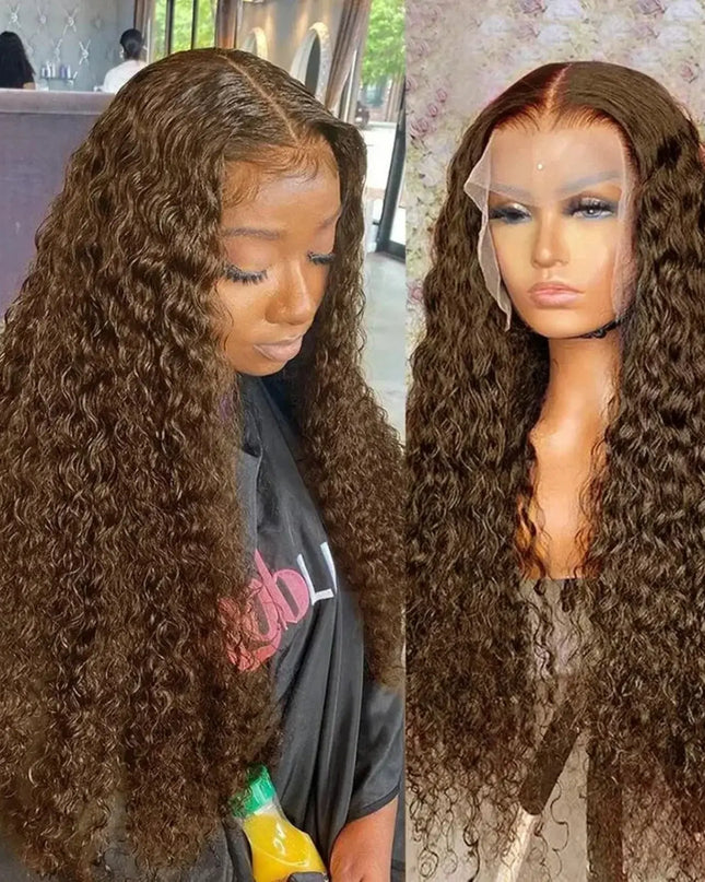 Person with long curly hair and a wig on a mannequin head.