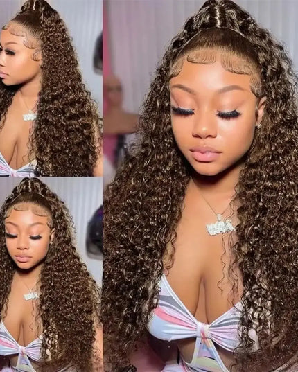 Woman with long, curly hair styled in a lace front wig, shown from multiple angles.