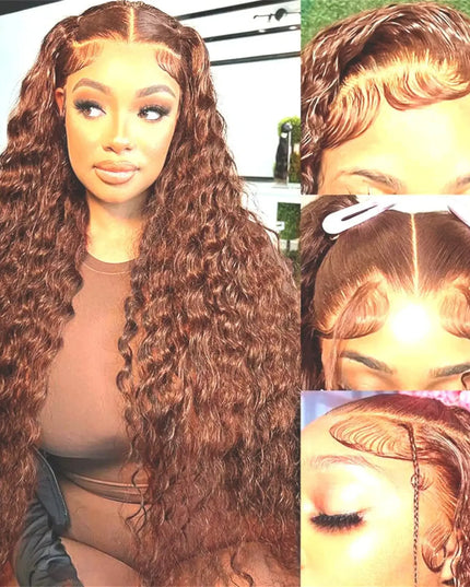 Collage of a brown wig with different angles and close-ups.