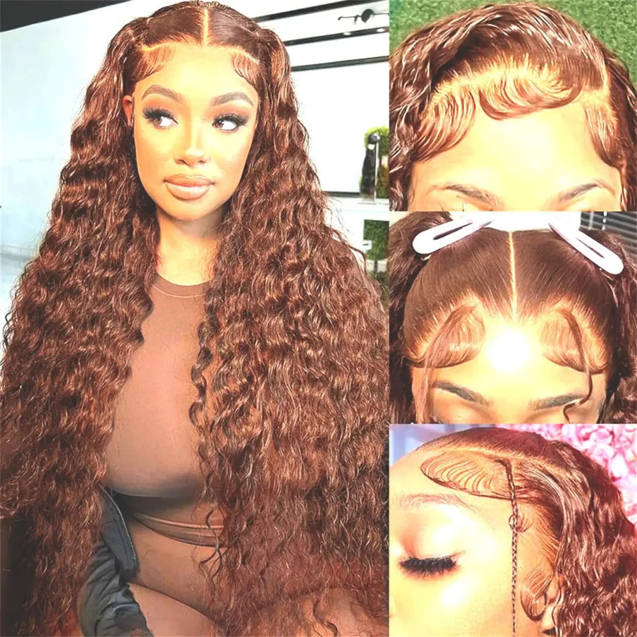 Collage of a brown wig with different angles and close-ups.