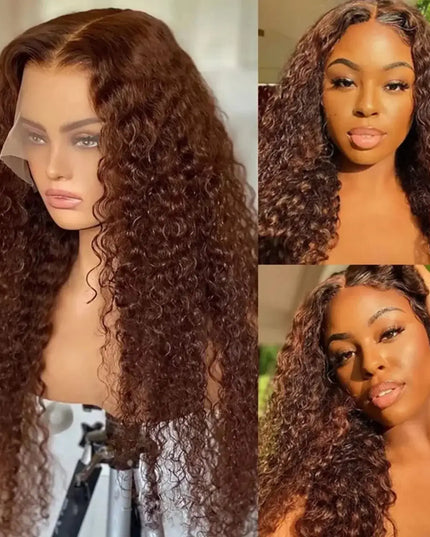 Collage of a woman with long, curly brown hair styled in a wig.