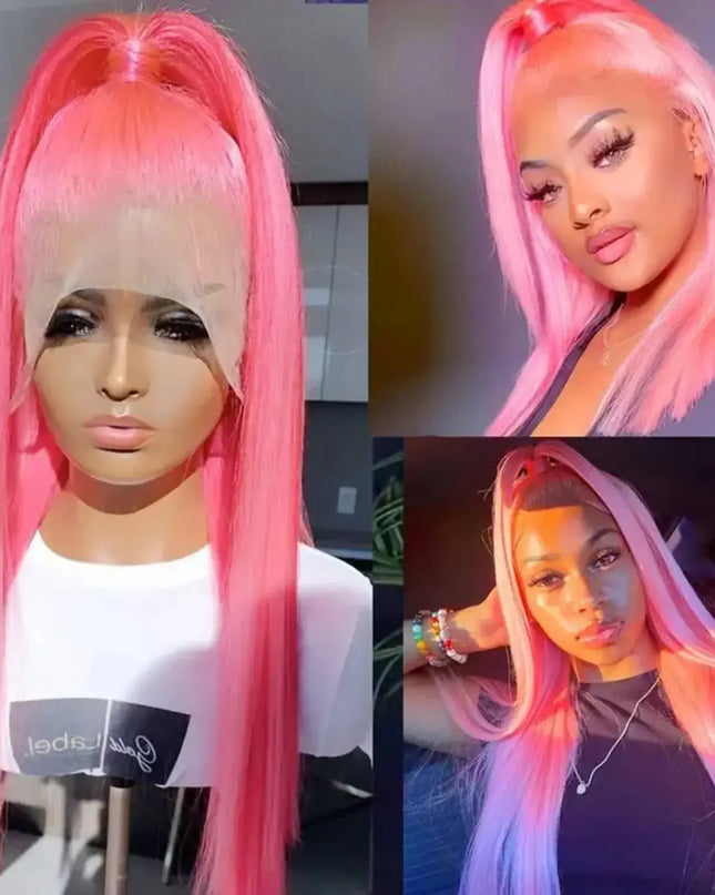 Collage of a pink wig on a mannequin head and worn by a person.