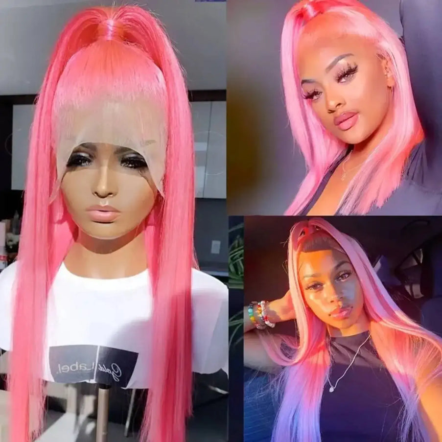 Collage of a pink wig on a mannequin head and worn by a person.