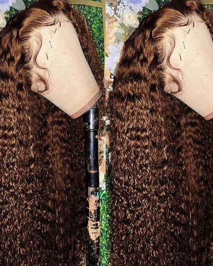 Brown wig on a mannequin head with a floral background