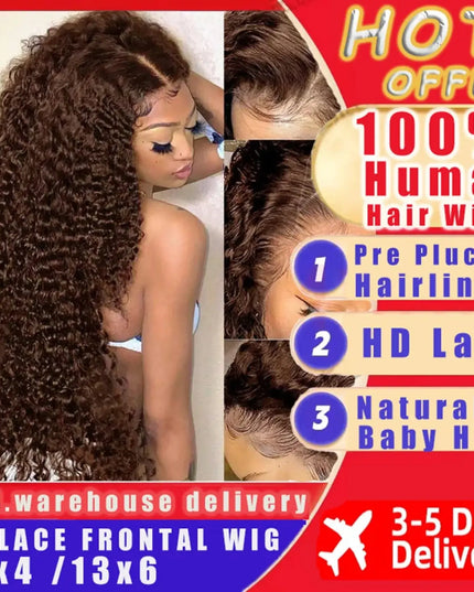 Advertisement for a 100% human hair wig with features and delivery information.