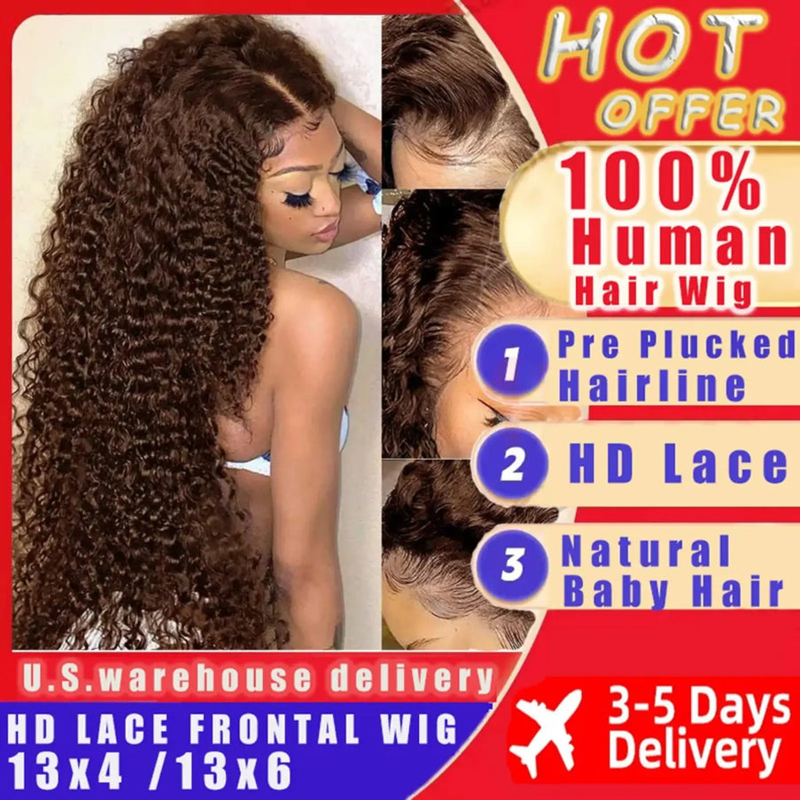Advertisement for a 100% human hair wig with features and delivery information.