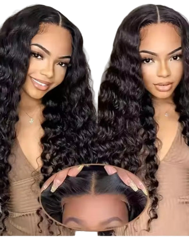 Two views of a woman with long, wavy hair extensions held by a hand.