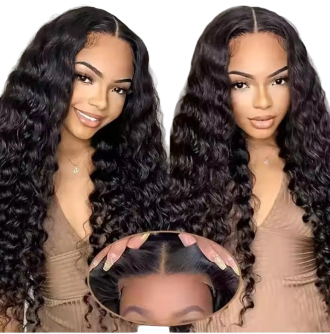 Woman holding a lace wig with long, wavy hair
