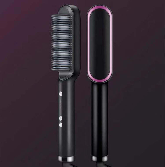 Ion hair straightener brush featuring an anti-scald comb and sleek design for easy styling.