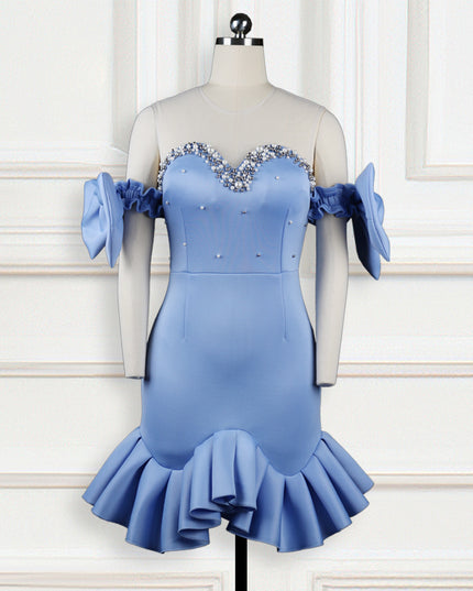 See-Through Mesh And Beaded Ruffles Women's Dress