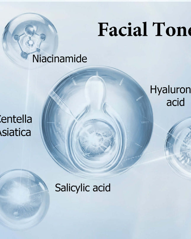 Facial toner with key ingredients: Niacinamide, Hyaluronic acid, Centella Asiatica, and Salicylic acid in bubbles.