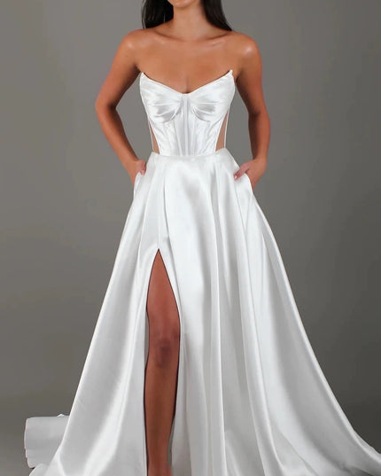 White Satin Slit Pocket Bandage Wedding Dress
