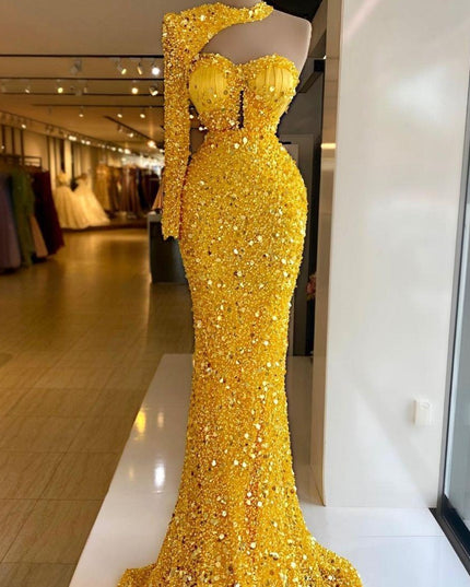 Sequined Pearl Embroidery Lace Asymmetric Single Sleeve Dress