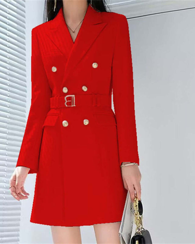 Red blazer dress with gold buttons on a plain background