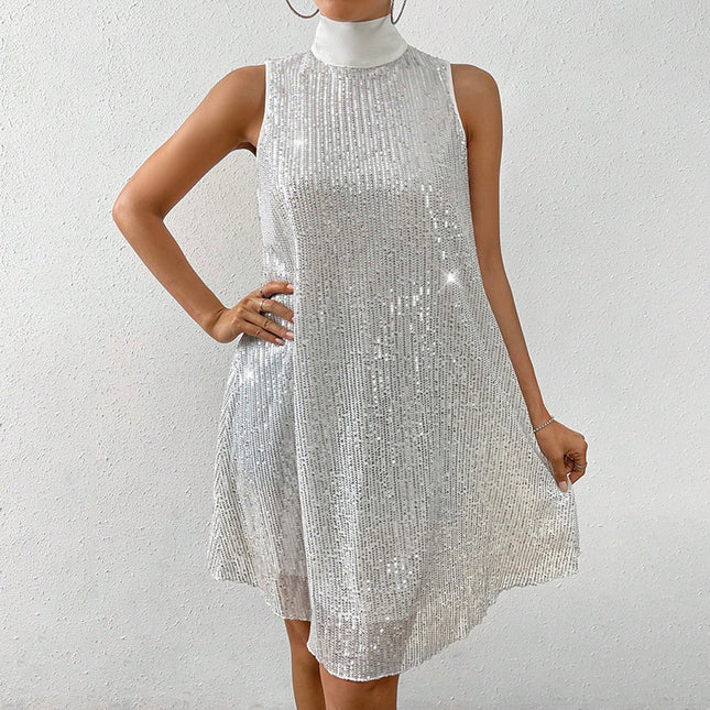 Women's Sparkly Sequin Sleeveless Mock Neck Dress Glittery Evening Party Dress