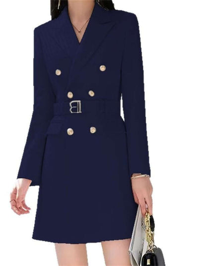 Navy blue double-breasted coat with gold buttons on a white background