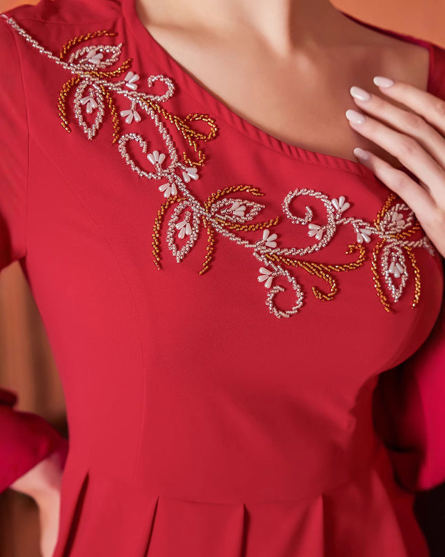 Red Designer Model Heavy Industry Hand Sewing Drill Off-the-shoulder Dress