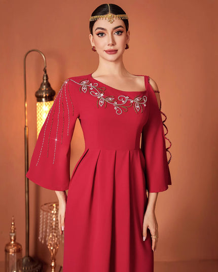 Red Designer Model Heavy Industry Hand Sewing Drill Off-the-shoulder Dress