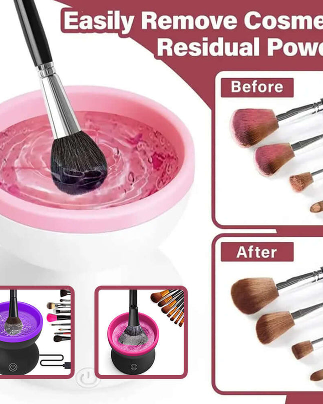 Makeup brush cleaning station with pink liquid and brushes, before and after cleaning images.