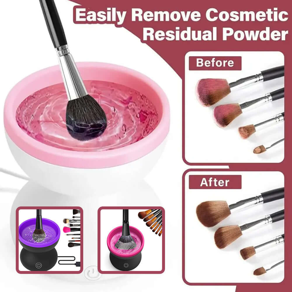 Makeup brush cleaning station with pink liquid and brushes, before and after cleaning images.