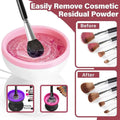 Makeup brush cleaning station with pink liquid and brushes, before and after cleaning images.