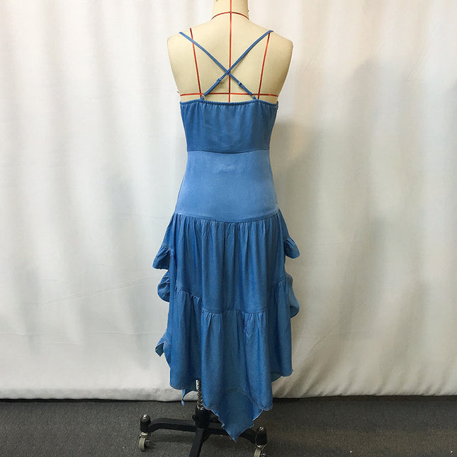 Women's Bohemian Dress, Sleeveless Spaghetti Strap Bodycon Mini Dress With Irregular Ruffled Hem For Music Festival & Rock Party, NO Belt