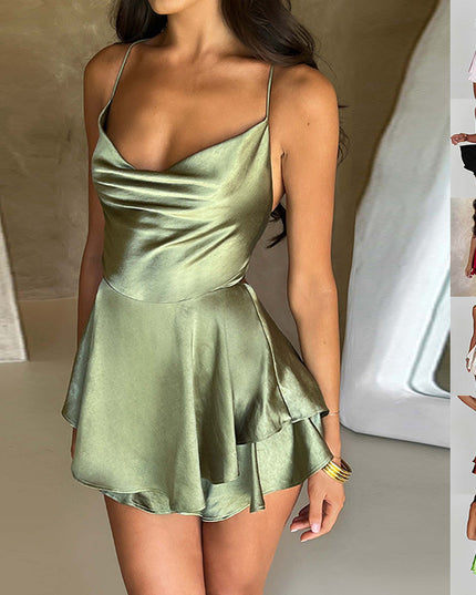 Sexy Suspender Skirt For Women Elegant Slim Strap Satin Backless Lace Up A-Line Short Dress Lady