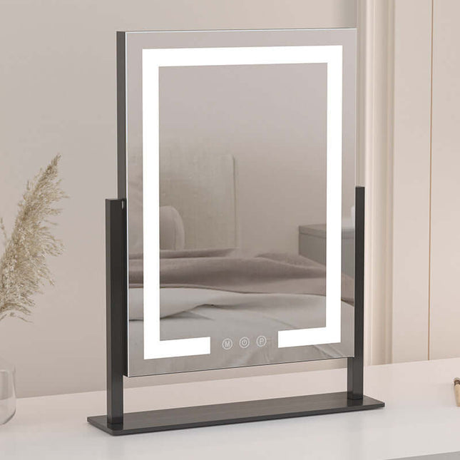 Elegant black desktop LED makeup mirror with illuminated frame, ideal for bedrooms and commercial use.
