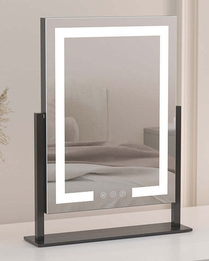 Stylish Desktop LED Light Makeup Mirror with metal frame and illuminated edges, perfect for bedrooms and gifts.