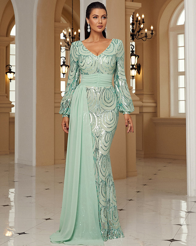 Long Sleeve Sexy Long Sequined V-neck Banquet Ribbon Evening Dress
