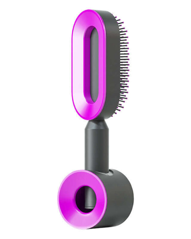 Pet grooming brush with purple and gray design on a white background