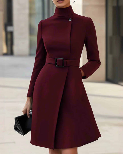 Elegant midi dress with belt featured on a model, showcasing a stand collar and slim fit design.