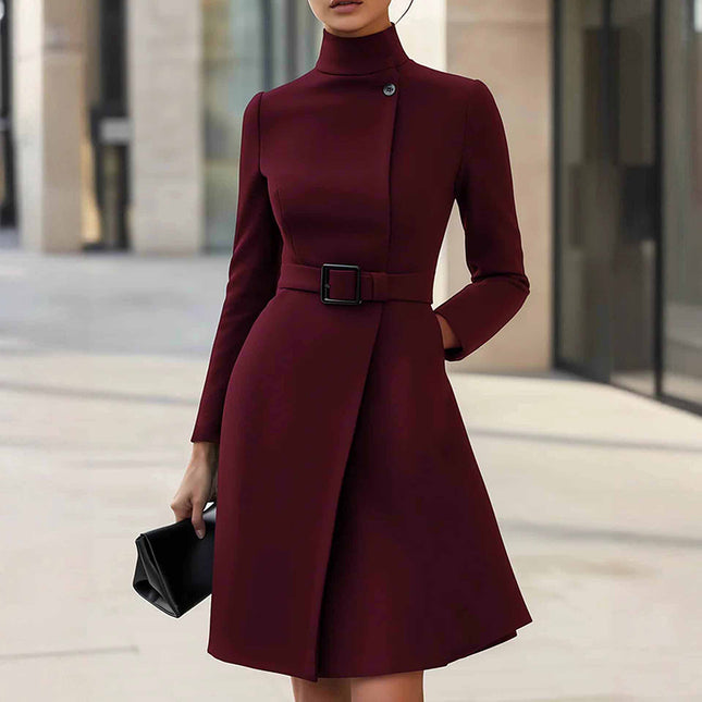 Elegant midi dress with belt featured on a model, showcasing a stand collar and slim fit design.