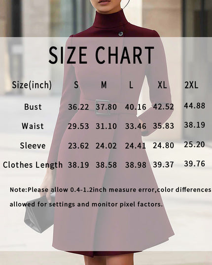 Size chart for Women's Stand Collar Long Sleeve Dress, elegant midi dress with belt, showing measurements in inches.
