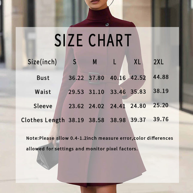 Size chart for Women's Stand Collar Long Sleeve Dress, elegant midi dress with belt, showing measurements in inches.