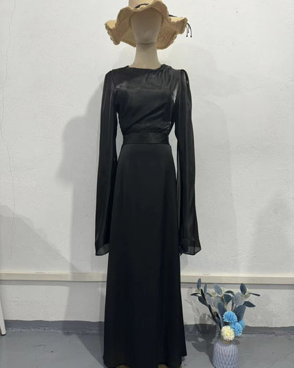 Elegant Summer Sleeve Contrast Chiffon & Satin Maxi Dress With Flared Cuffs - Slim Fit Long Dress For Women