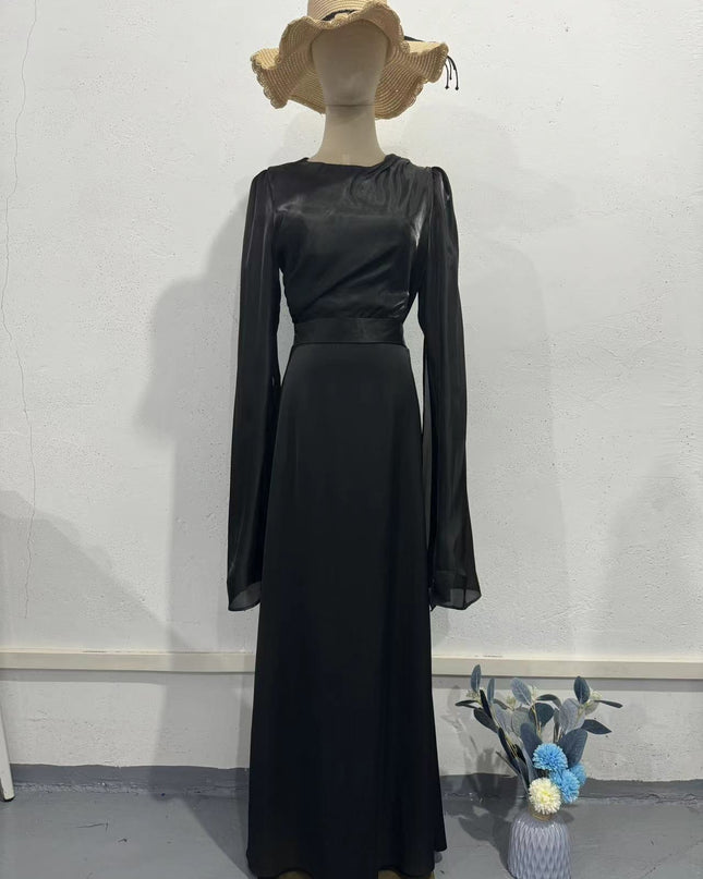 Elegant Summer Sleeve Contrast Chiffon & Satin Maxi Dress With Flared Cuffs - Slim Fit Long Dress For Women